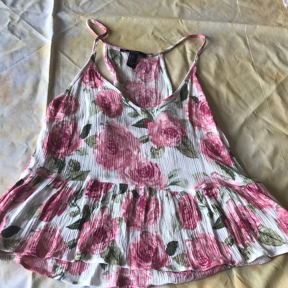 Pink/green floral print, peplum/halter/racer tank